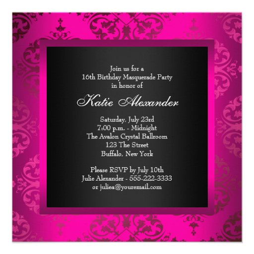 Hot Pink Black Sweet 16 Masquerade Party Personalized Invitations