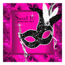 Hot Pink Black Sweet 16 Masquerade Party Custom Announcement
