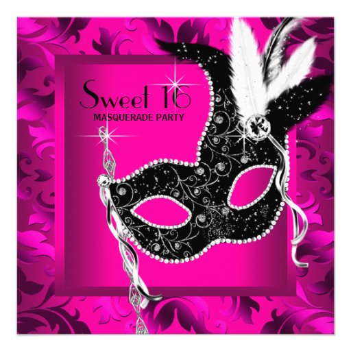 Hot Pink Black Sweet 16 Masquerade Party Custom Announcement