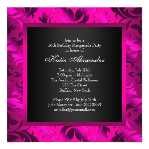 Hot Pink Black Sweet 16 Masquerade Party Custom Announcement