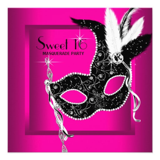 Hot Pink Black Sweet 16 Masquerade Party Custom Invite