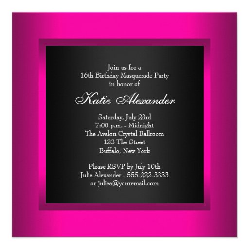 Hot Pink Black Sweet 16 Masquerade Party Custom Invite