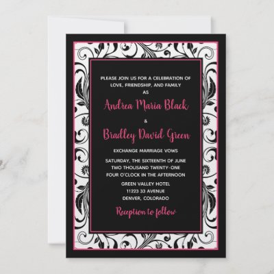 Hot Pink, Black, &amp; White Floral Wedding Invitation by wasootch