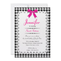 Hot Pink & Black White Houndstooth Sweet 16 Custom Invitations