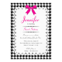 Hot Pink & Black White Houndstooth Sweet 16 Custom Invitations