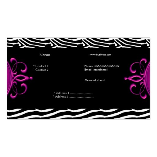 Hot Pink Black White Silver Elegant Zebra Stripe Business Cards (back side)