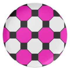 Hot Pink Black White Squares Hexagons Pattern Plates