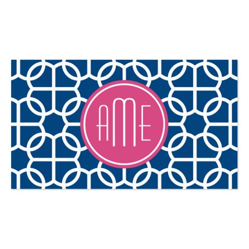 Hot Pink & Blue Geometric Pattern Monograms Business Card (front side)
