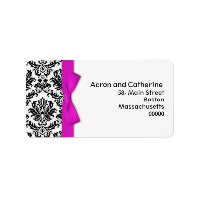 Black and white damask address labels with hot pink bow Fully Customizable
