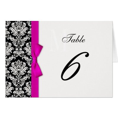 Hot Pink Bow Damask Table Number Greeting Cards