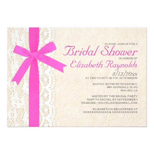 Hot Pink Bow & Lace Bridal Shower Invitations