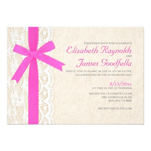 Hot Pink Bow & Lace Wedding Invitations