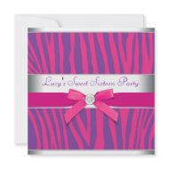 Hot Pink Bow Purple Zebra Sweet 16 Party invitation