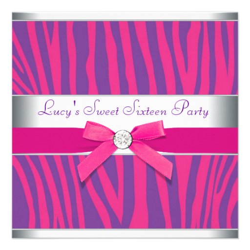 Hot Pink Bow Purple Zebra Sweet 16 Party Invite (front side)