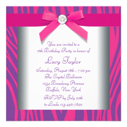 Hot Pink Bow Purple Zebra Sweet 16 Party Invite