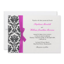 Hot Pink Bow with Damask Wedding Invitation