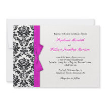 Hot Pink Bow with Damask Wedding Invitation