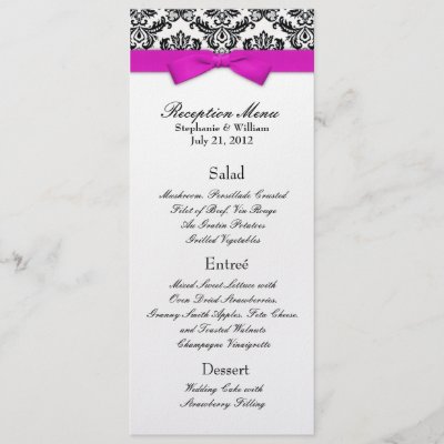 Hot Pink Bow with Damask Wedding Reception Menu Personalized Invitation by 