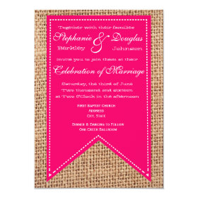 Hot Pink Burlap Print Rustic Wedding Invitations 4.5