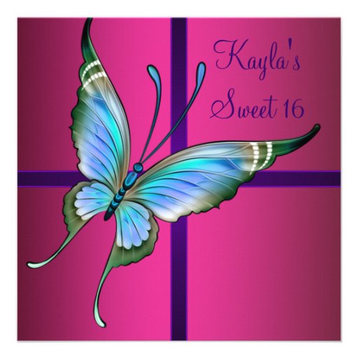 Hot Pink Butterfly Sweet 16 Party Announcements