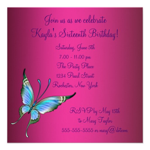 Hot Pink Butterfly Sweet 16 Party Announcements