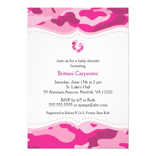 Hot Pink Camo Baby Shower Invitation with feet (front side)
