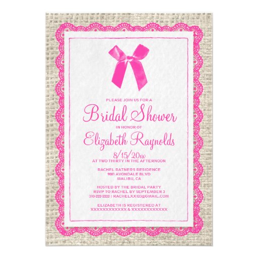 Hot Pink Country Burlap Bridal Shower Invitations