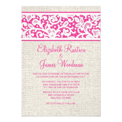 Hot Pink Country Burlap Linen Wedding Invitations