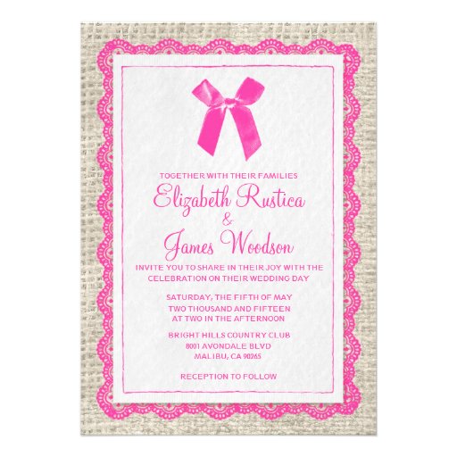 Hot Pink Country Burlap Wedding Invitations