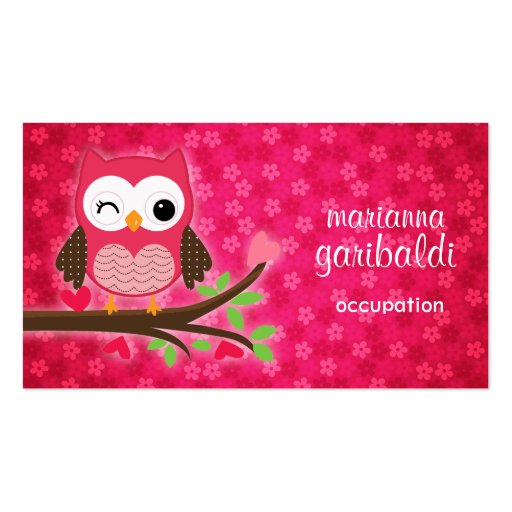 Hot Pink Cute Owl Girly Business Card Template (front side)