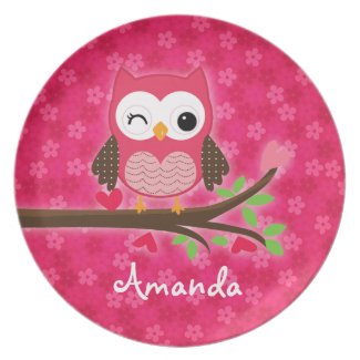 Hot Pink Cute Owl Girly Personalized Plate