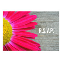 Hot Pink Daisy & Barnwood Wedding R.S.V.P. Personalized Announcement