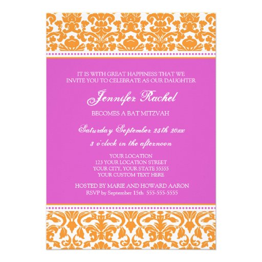 Hot Pink Damask Bat Mitzvah Invitations
