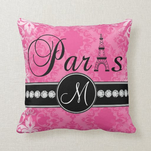 Hot Pink Damask Black Parisian Monogram Pillow Zazzle
