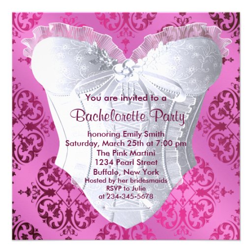 Hot Pink Damask Corset Bachelorette Party Personalized Invites