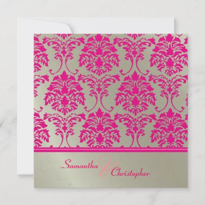 Hot pink damask faux silver wedding invitation by custom stationery