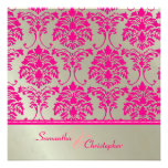 Hot pink damask/faux silver wedding invitation
