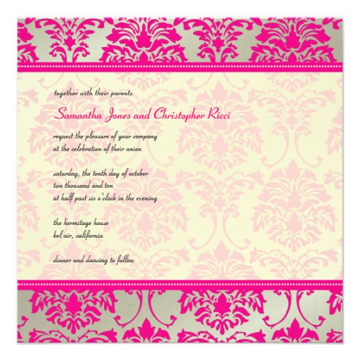 Hot pink damask/faux silver wedding invitation