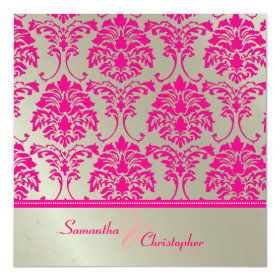 Hot pink damask/faux silver wedding invitation 5.25