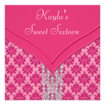 Hot Pink Damask Sweet 16 Party Custom Invites