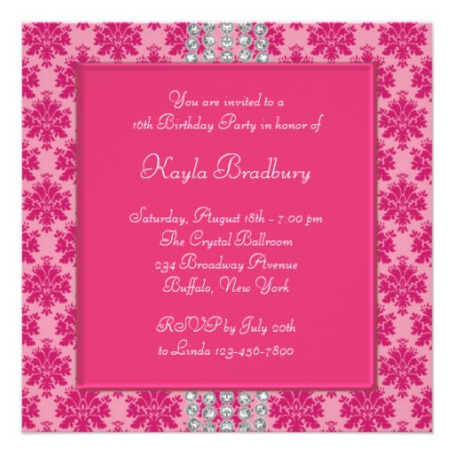 Hot Pink Damask Sweet 16 Party Custom Invites