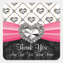 Hot Pink Diamond Rhinestone Heart Thank You Labels Square Stickers