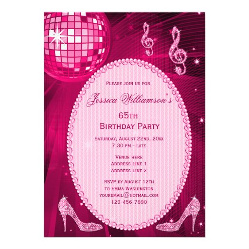Hot Pink Disco Ball Sparkle Heels 65th Birthday Custom Invite
