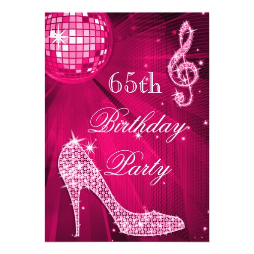 Hot Pink Disco Ball Sparkle Heels 65th Birthday Custom Invite