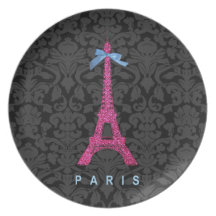 Hot Pink Eiffel Tower in faux glitter Dinner Plates