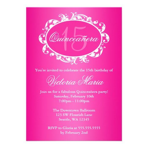 Hot Pink Elegant Swirl Quinceanera Birthday Party Custom Announcement