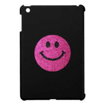 Hot pink faux glitter smiley face iPad mini cover
