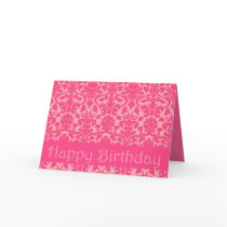 Hot Pink Floral Damask Happy Birthday Card