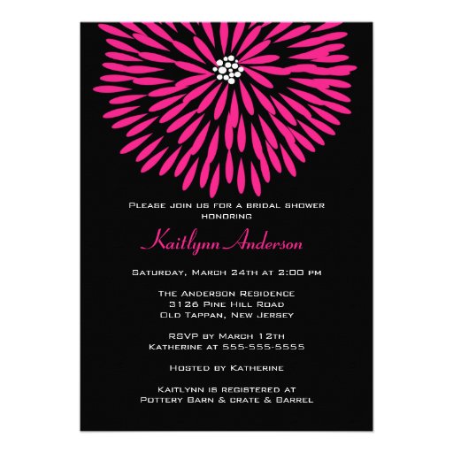 Hot Pink Flower on Black Bridal Shower Invitation