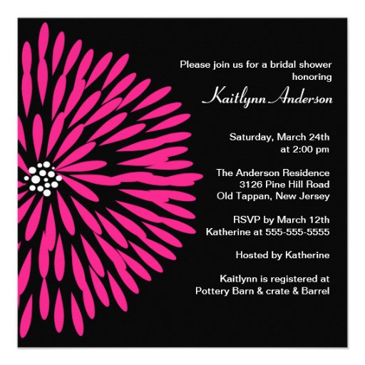 Hot Pink Flower on Black Bridal Shower Invitation